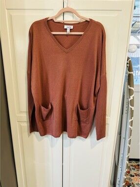 d & co Women's Rust-Orange V-neck Pullover Sweater Top Size M
